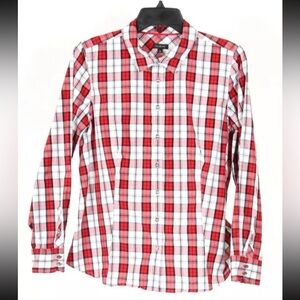 Talbots Women’s Shirt 12 Red White Plaid Button Up Long Sleeve Stretch Knit